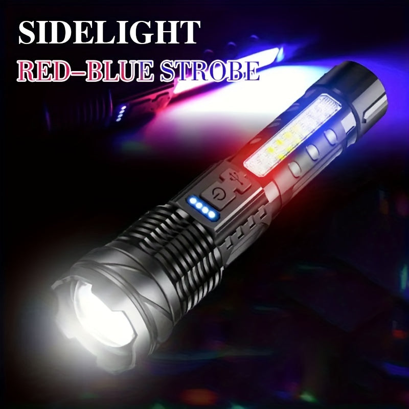 1pc Portable Camping Flashlight, USB Rechargeable LED Handheld Torch with Red-Blue Warning Light for Fishing, Adventure, Emergency, Hiking, Outdoor Searchlight.