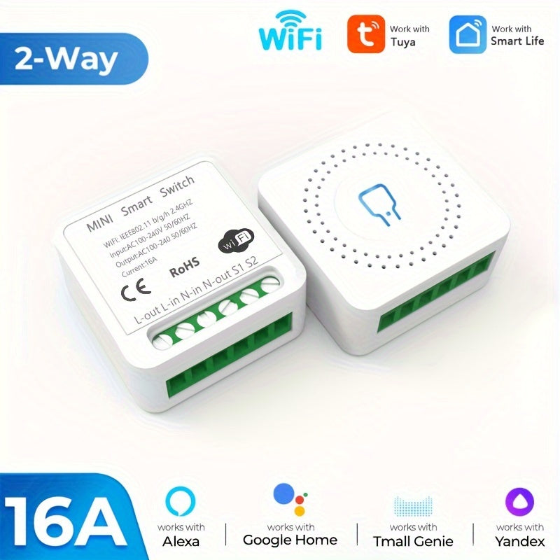 DIY 16A Power Switch Module with WiFi, ZigBee, Tuya app, voice control, 2-way power control, 110V/220V, app controlled, flush mount, for electronics - no battery needed.