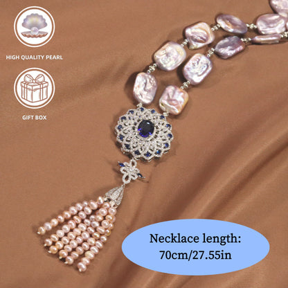 This elegant sweater necklace features a luxurious 5A Zirconia and high-quality purple square baroque natural pearl. Made with fine craftsmanship, it highlights both personality and fashion, ensuring comfortable wear. Perfect for a variety of occasions