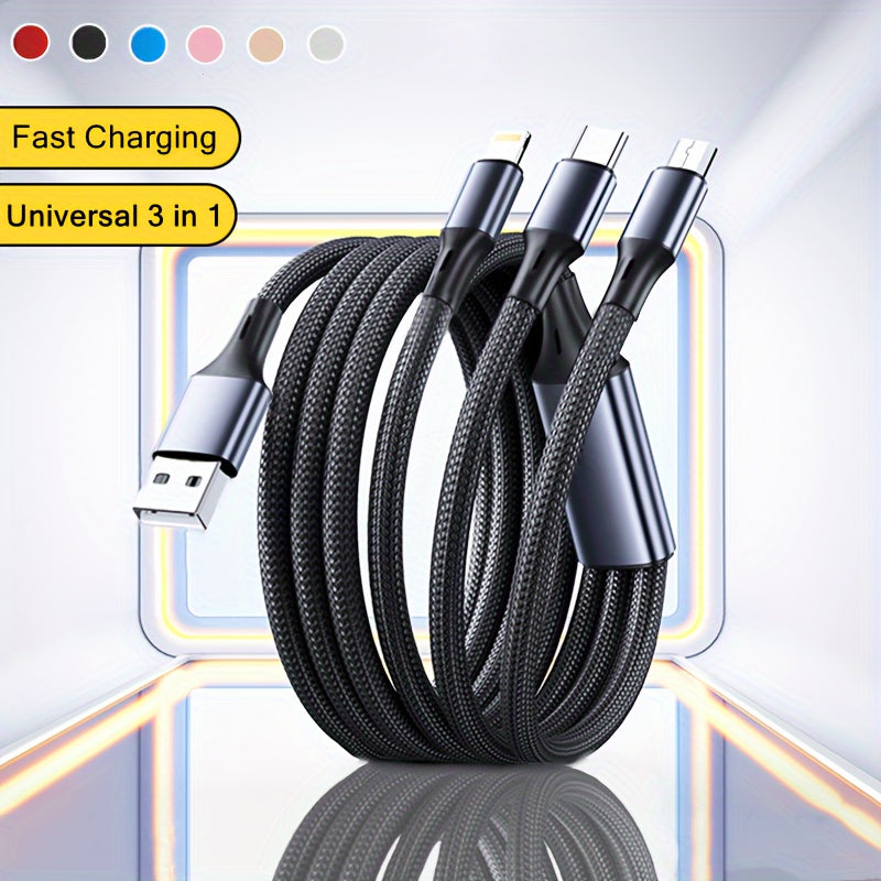 3in1 Multi Charging Cable for iPhone, Type-C, and Micro USB devices, compatible with Samsung, Redmi, OnePlus, Xiaomi, and more.