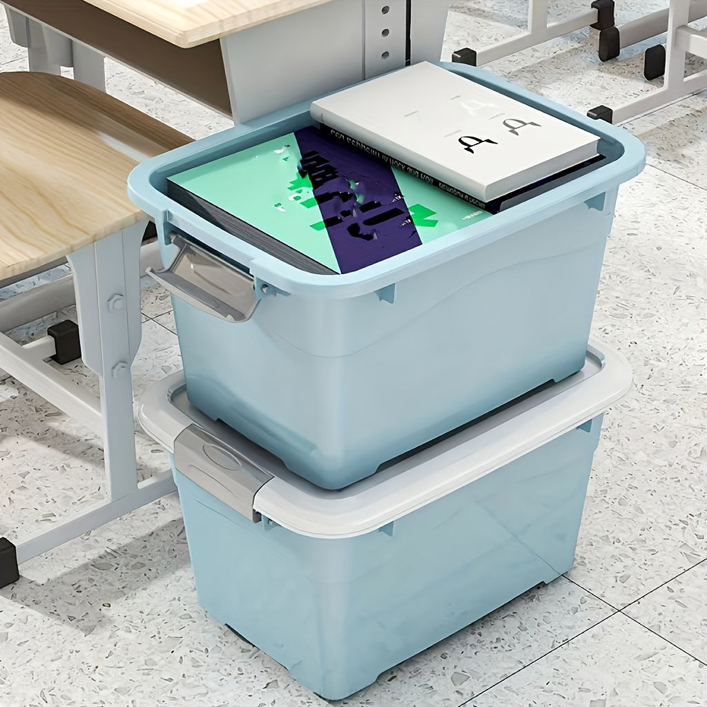 Modern square storage bins with lids - perfect for home, car, and student book organization. Waterproof plastic boxes with flip-top closure. Great for under-bed storage.