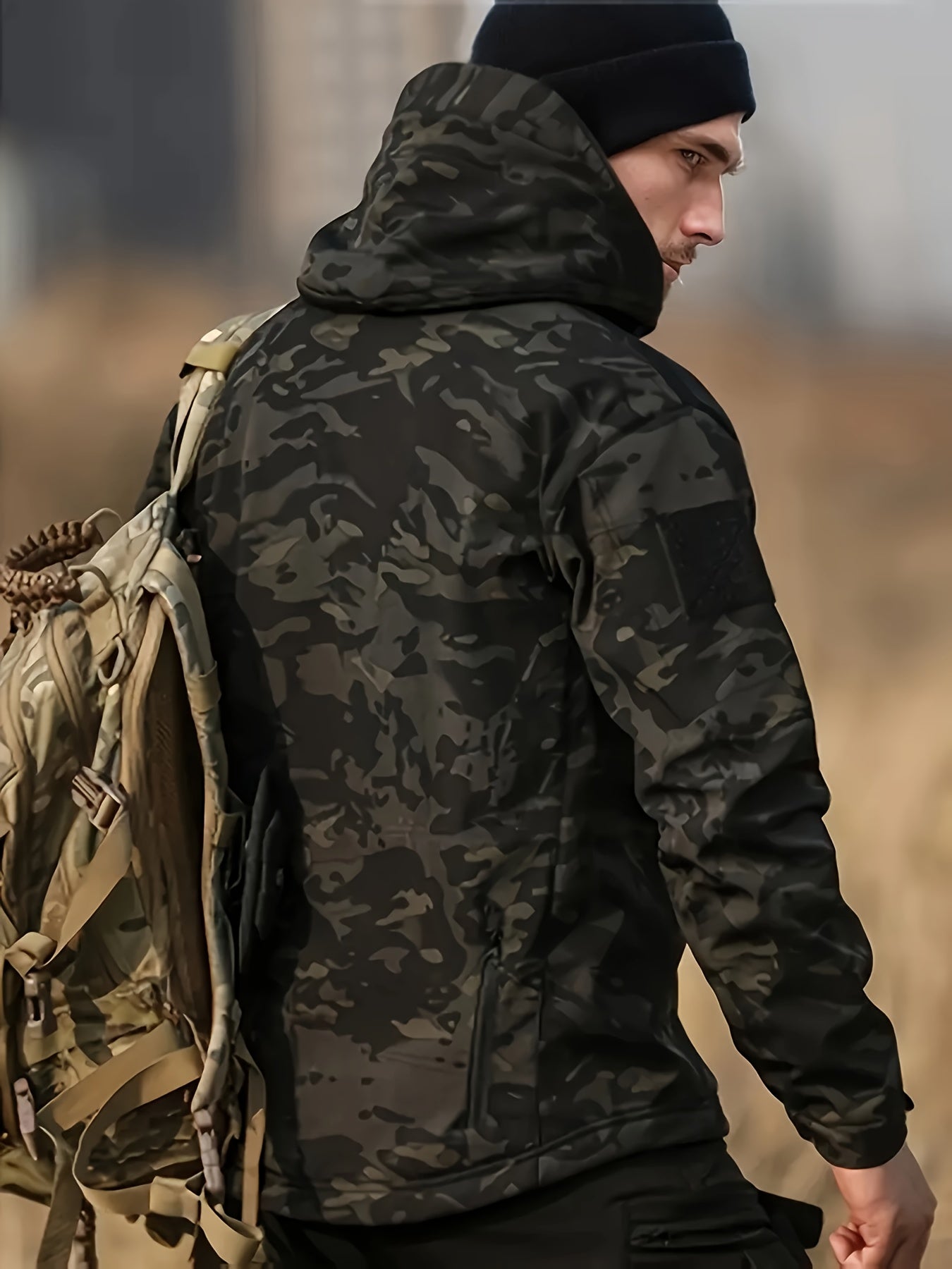 Men's camo outdoor gear set includes a windproof hooded jacket and fleece-lined pants with multiple pockets, suitable for hiking, hunting, and casual wear.