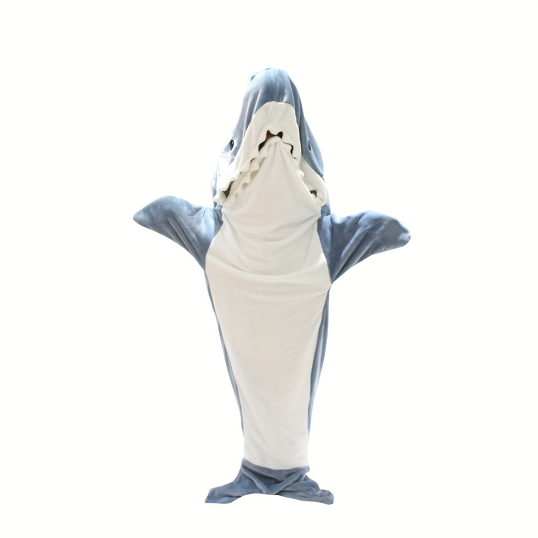 Stay cozy in this adorable shark-patterned blanket hoodie designed for adults. This cute and funny blue shark flannel blanket features a cartoon animal design perfect for lounging on the sofa, in bed, or even while camping in your car. A great gift idea