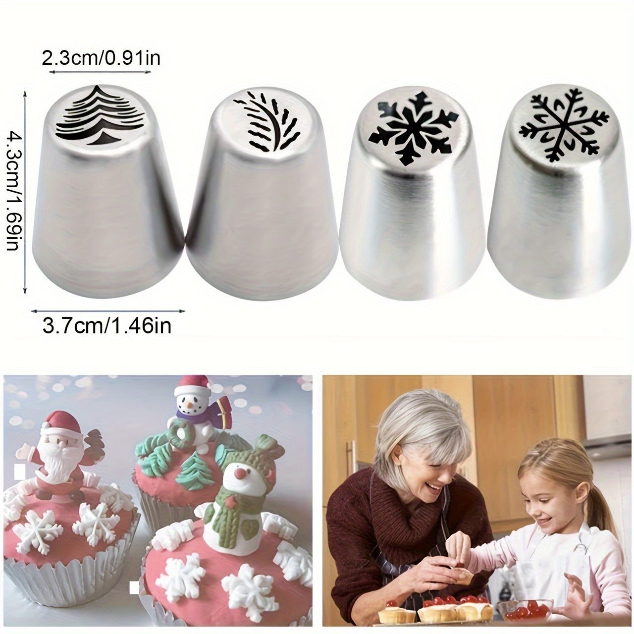 Set of 4 Stainless Steel Icing Piping Nozzles featuring Snowflake, Christmas Tree, and Leaf Designs for Cake Decoration and Festive Baking Essentials