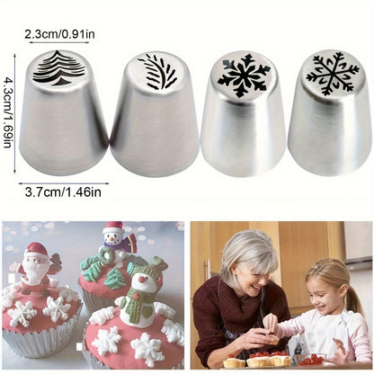 Set of 4 Stainless Steel Icing Piping Nozzles featuring Snowflake, Christmas Tree, and Leaf Designs for Cake Decoration and Festive Baking Essentials