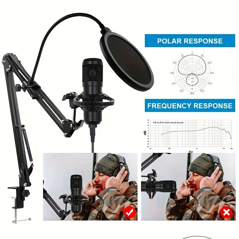 Complete set for recording on mobile phones and laptops, ideal for KTV singing and live streaming with a high-quality black condenser studio microphone, suspension arm, and pop filter.