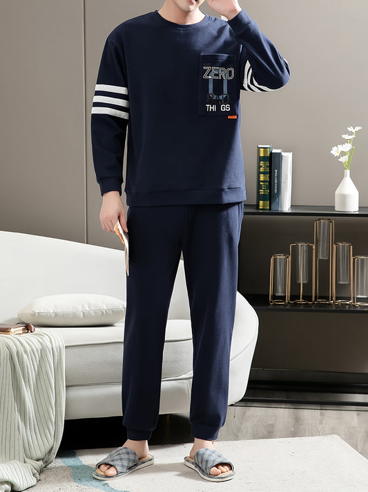 Casual cotton pajamas set for men with letter graphic print, long sleeve crew neck top with chest pocket and loose pants. Suitable for spring and autumn.