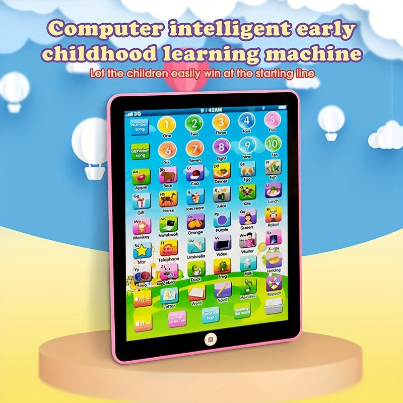 Educational tablet toy for children with interactive learning games in music, numbers, spelling, words, and alphabets. Battery-powered.