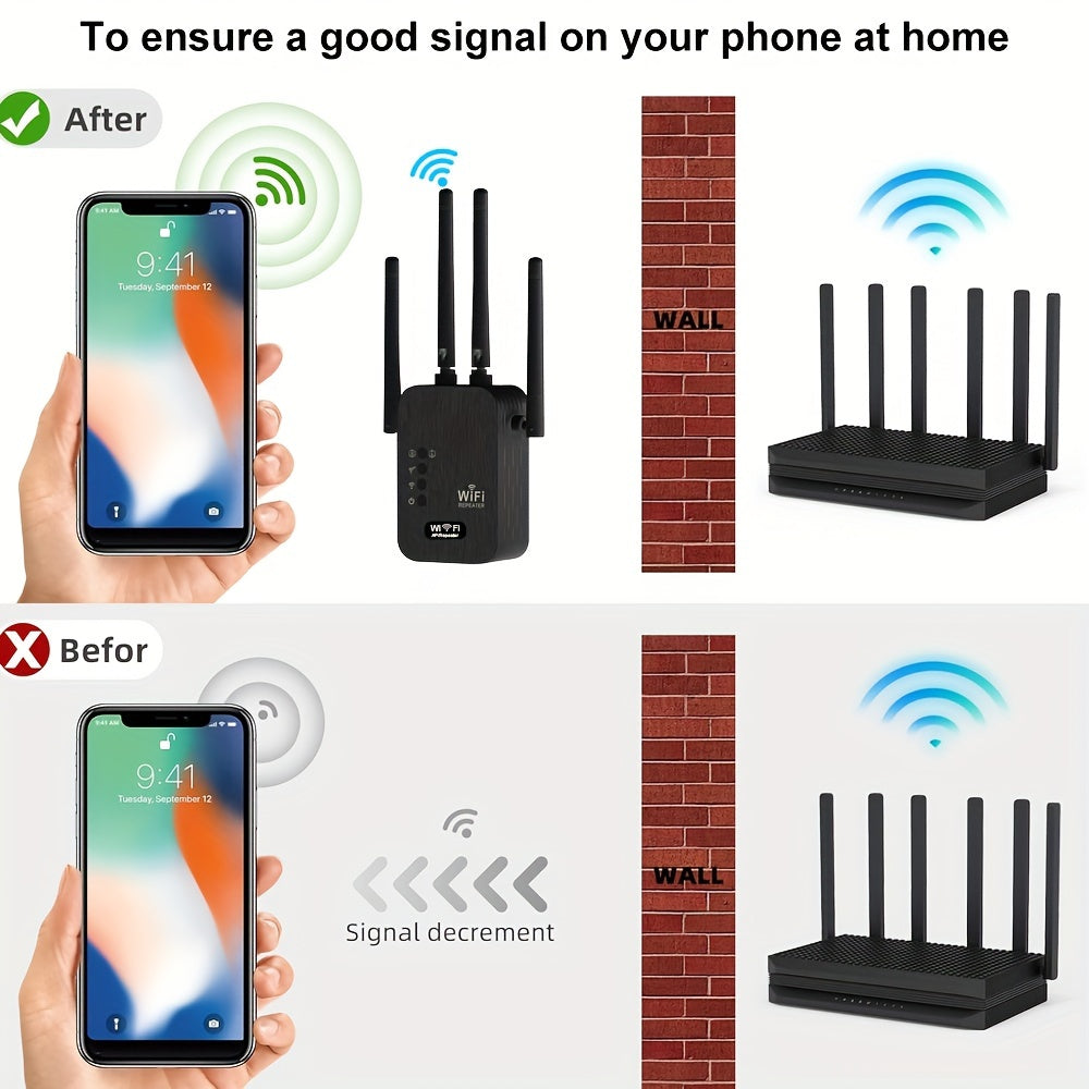 2024 WiFi booster with 6x strength, 1200Mbps, dual bands, 8500 sq ft coverage, supports 35 devices, 4 modes, easy setup, 4 antennas, Ethernet port