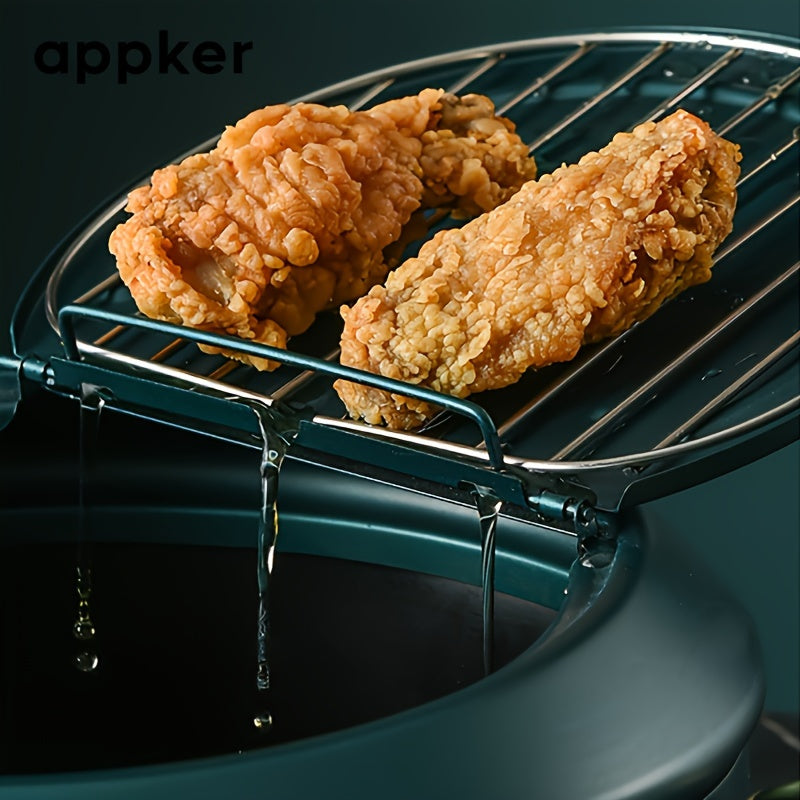 Japanese tempura fryer for easy frying, featuring a Fahrenheit thermometer and non-stick carbon steel construction. Ideal for tempura, chicken, fish, and shrimp. This large green pan is easy to clean and comes with a lid and oil drip drain rack. Perfect