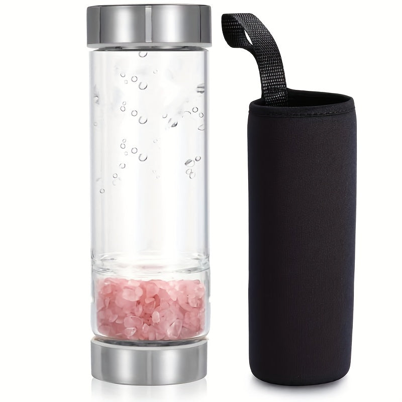 Water bottle with glass construction, removable amethyst, and protective cover included.