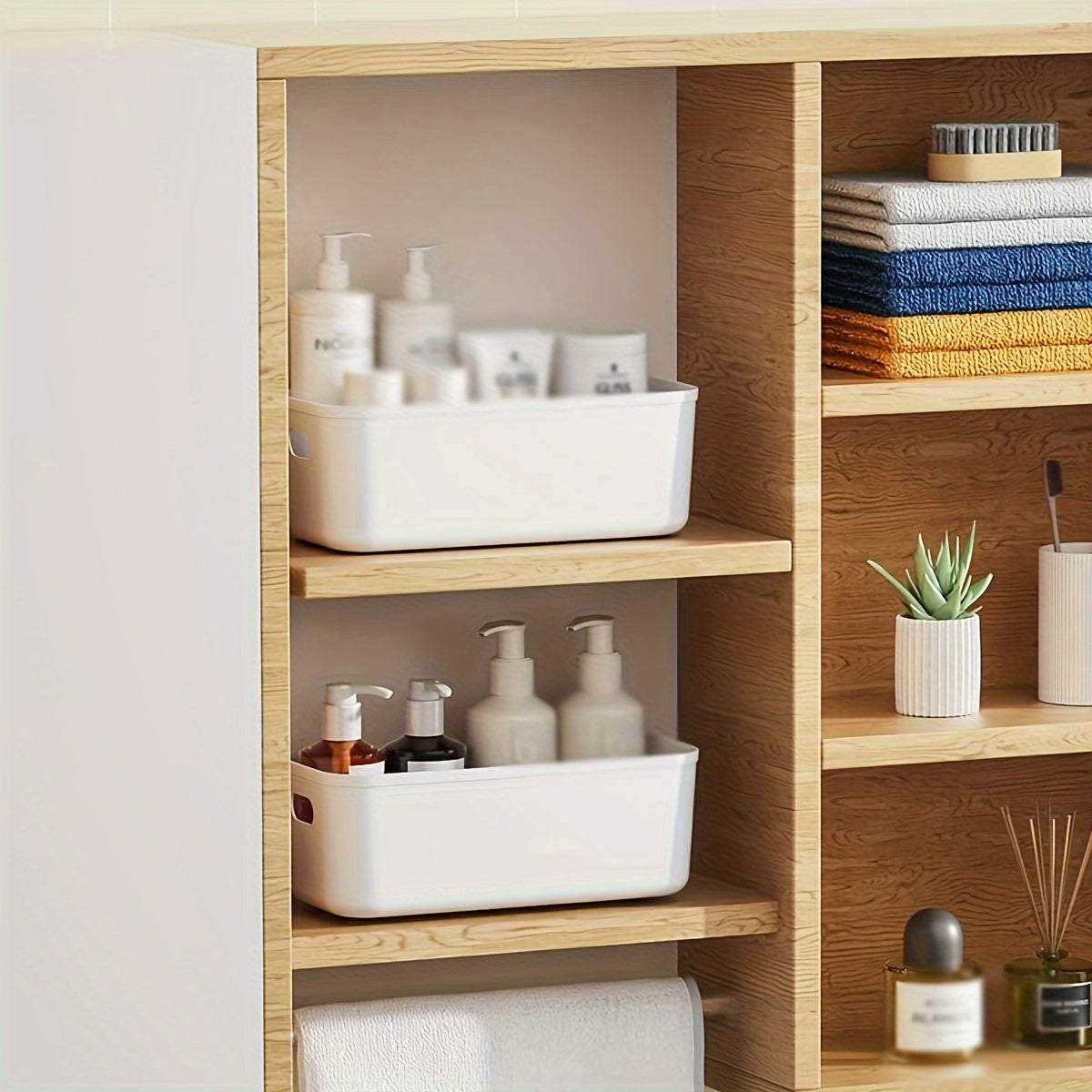 Set of 10 white plastic storage boxes- versatile organizer for kitchen, bedroom, bathroom.