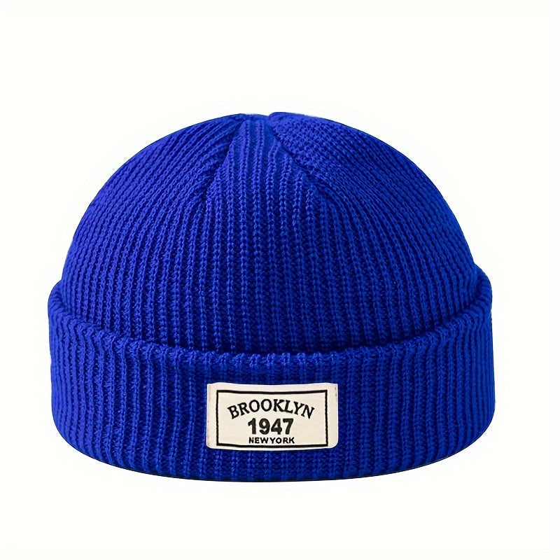 Knitted beanie for men - warm and elastic winter hat with letter patch, perfect for active leisure and holiday gifting, including Valentine's Day.