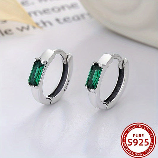 Sleek and Stylish S925 Sterling Silver Minimalist Earrings featuring Green Cubic Zirconia, a Versatile Fashion Accessory for Women. Lightweight at 2.4g - Ideal for Parties and Festivals