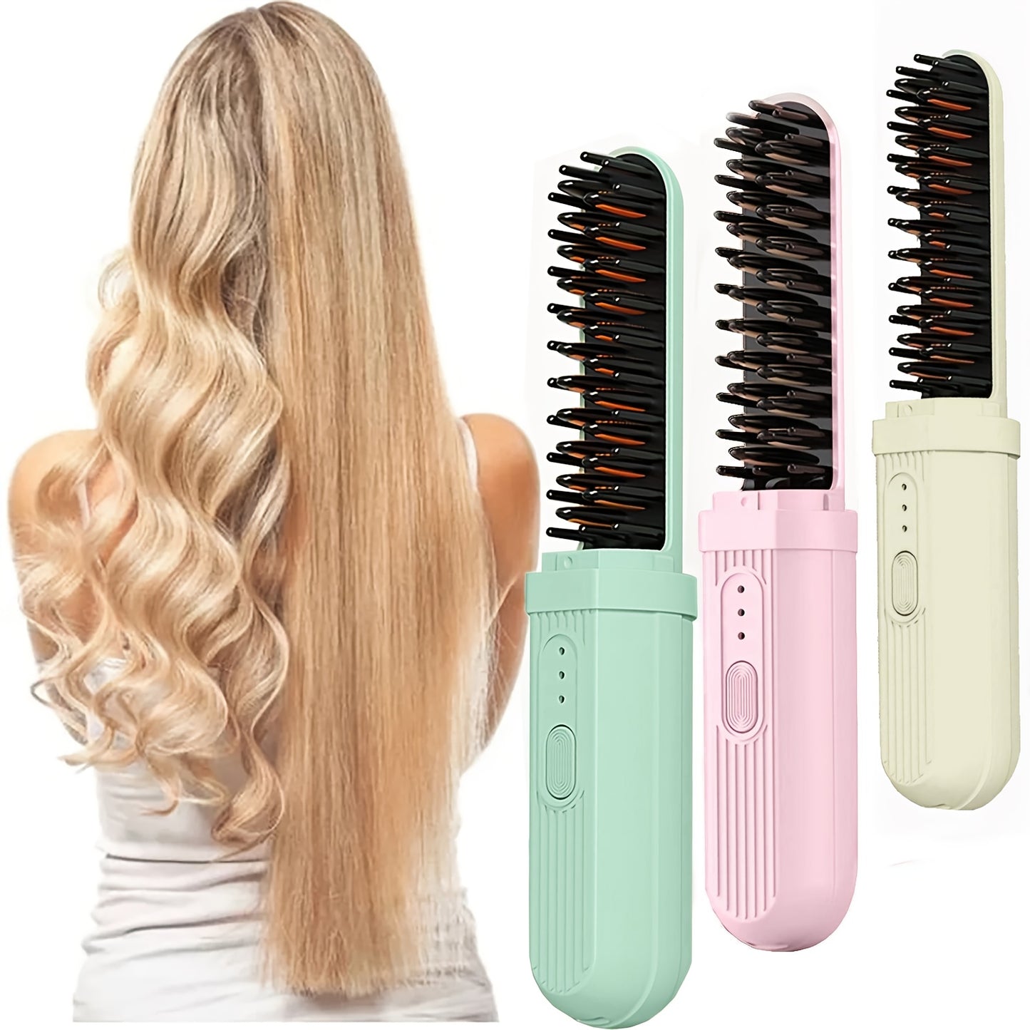 Portable hair straightener and curler with USB rechargeable thermal ion comb, anti-scalding feature, 2000mAh lithium battery, USB-C charging. Travel-friendly and perfect gift for women.