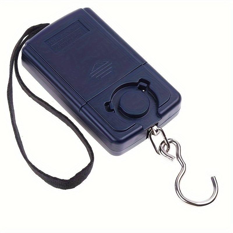 Lightweight portable luggage scale with hidden hook, high precision, battery operated, blue color. Package includes wet wipe and dry clean instructions.