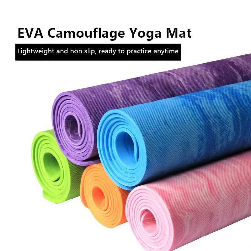 Premium EVA Camo Yoga Mat: Non-slip, sweat absorbent, shock-resistant for home fitness. Lightweight, portable with purple/blue stripe design.