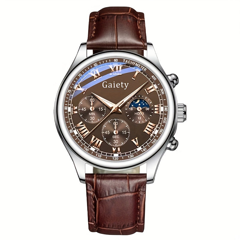 Luxury GAIETY Men's Quartz Watch with White Dial and Faux Leather Band, Alloy Case, Business & Sport Style, Button Battery.