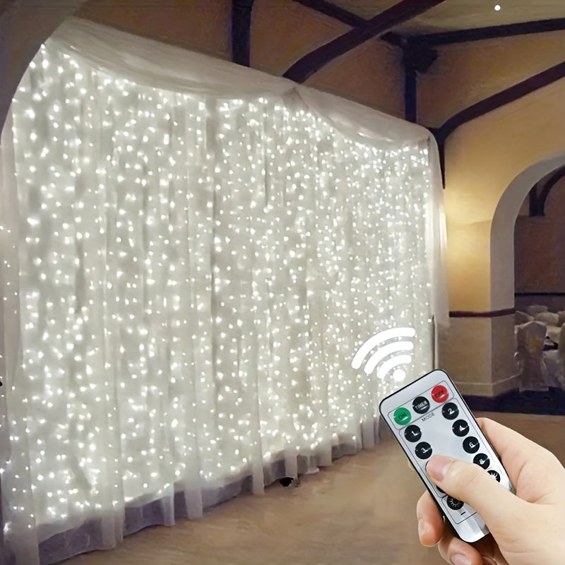 USB-powered LED curtain lights with remote control - ideal for festive occasions like Christmas, weddings, birthdays, and holiday decorations.