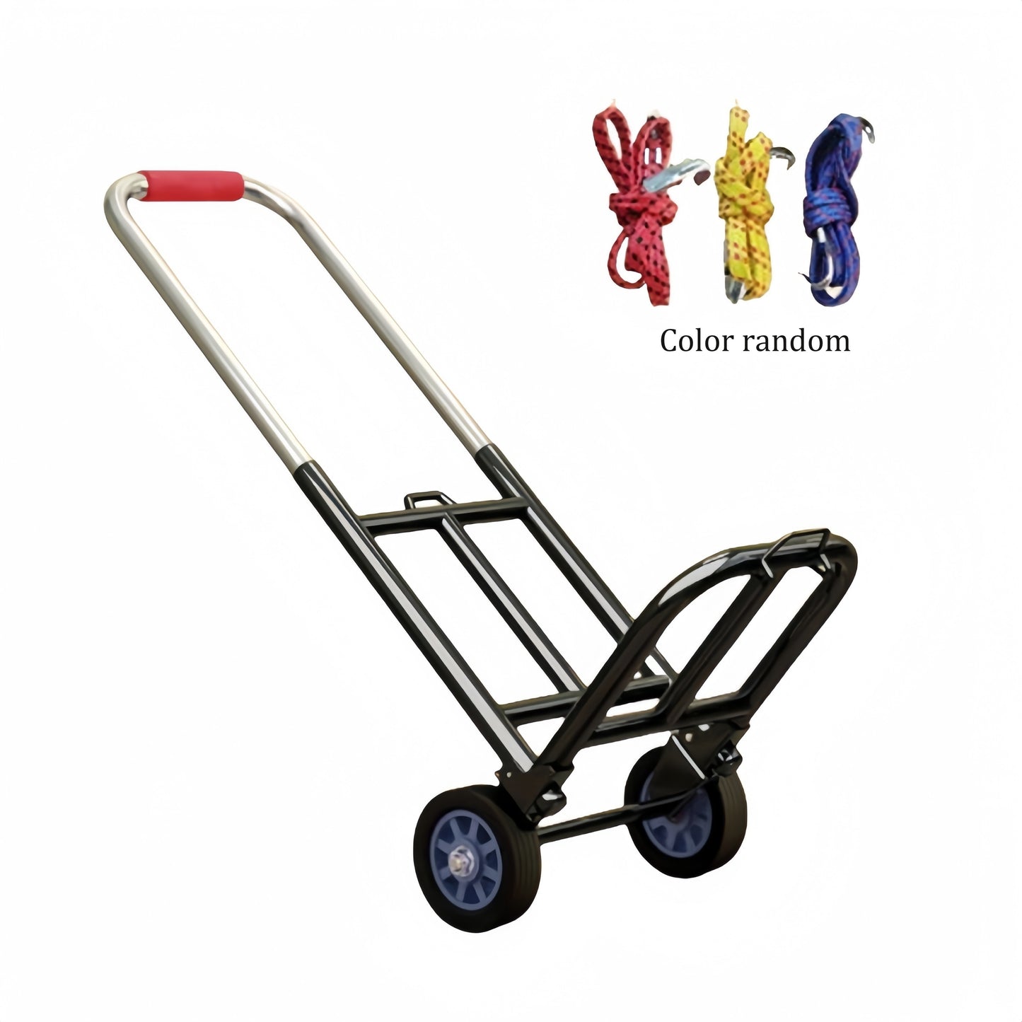 Portable and practical collapsible hand truck with extendable handle, heavy-duty iron frame, dual rubber wheels, multifunctional luggage cart with three binding ropes, 95.0 KG load capacity.