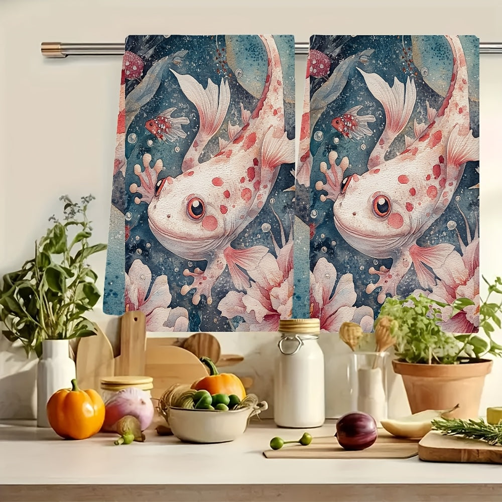 Set of 2 Ultra Soft Kitchen Towels featuring Charming Axolotl & Floral Design - Exceptionally Absorbent, Easy to Clean Dish Hand Towels, 40.64x60.96 cm - Ideal for Enhancing your Holiday Decor, Dishwashing Needs