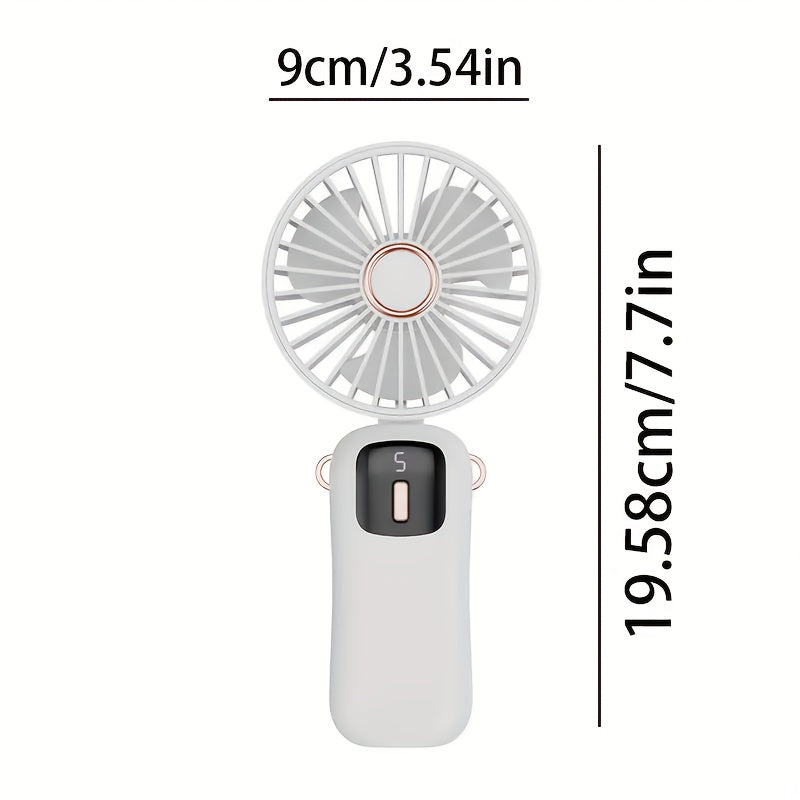 Rechargeable USB Handheld Fan with Quiet Operation and Foldable Neck Design, Ideal for Desk, Office, Bedroom, Outdoor Travel, Camping, and School. Features High-Velocity Cooling, 1200mAh Lithium Battery, Wearable Design, and Easy Button Control. Perfect