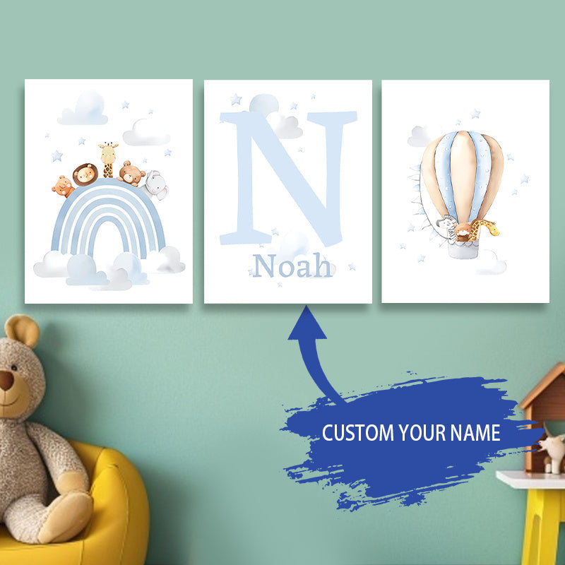 Customize Your Space with the Dreamy Design 3-Piece Initial Wall Art Set - Featuring Hot Air Balloon and Blue Rainbow Canvas Prints, Perfect for Nursery, Kids' Room, Bedroom, or Dining Area