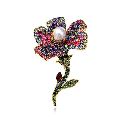 Beautiful Rose Brooch Pin adorned with Rhinestones, Faux Pearl, and Tassel - Stylish Floral Lapel Pin for Women's Fashion, Ideal for Winter Jackets and Sweaters.