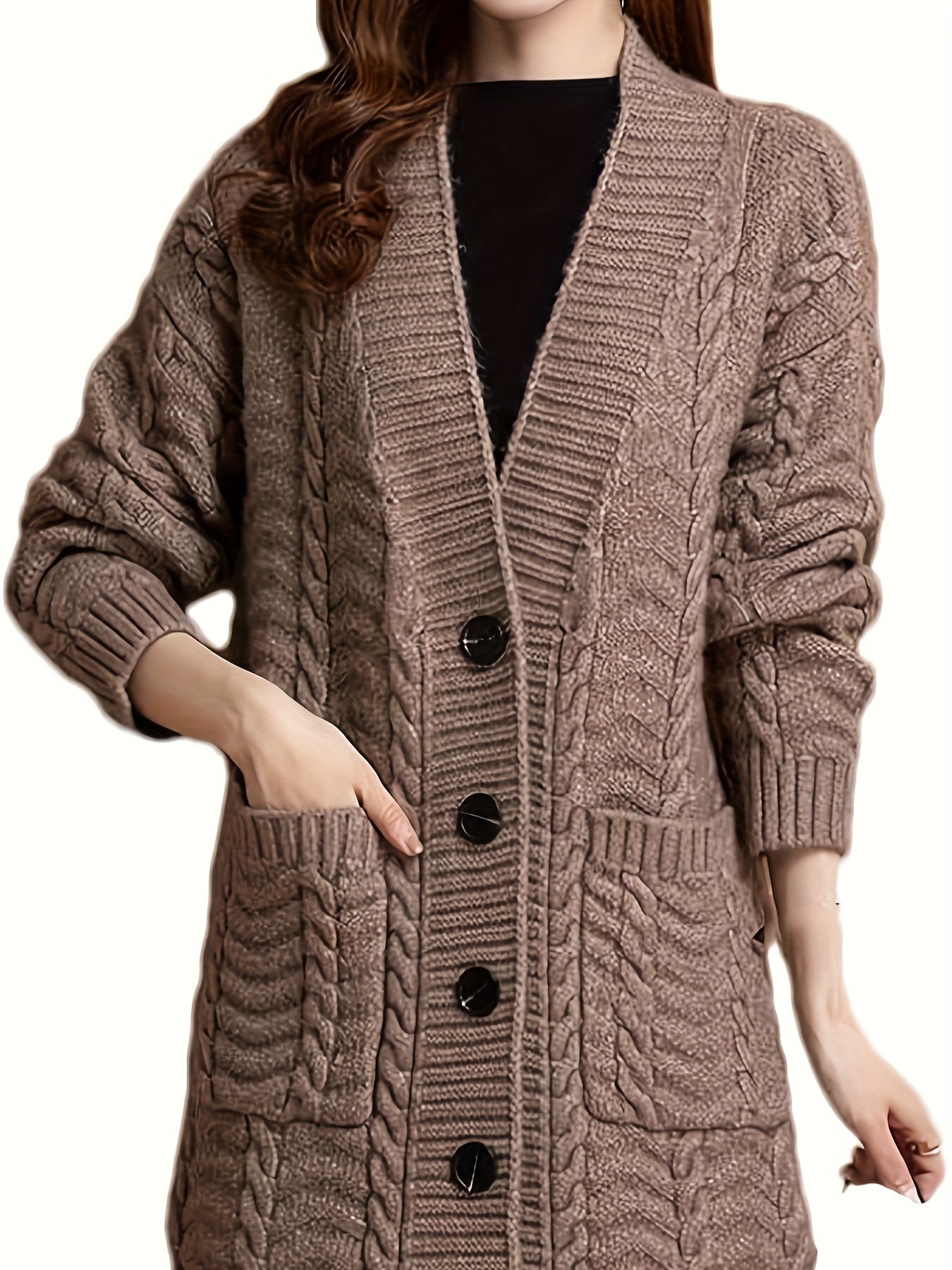 Women's V-Neck Acrylic Knit Cardigan Coat with Pockets, Loose Fit H-Line, No Belt - D41