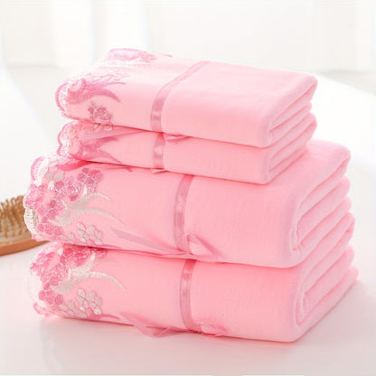 4-piece lace towel set with floral edges, made of ultra-soft polyester blend. Includes 2 bath towels and 2 hand towels, ideal for home and spa use.