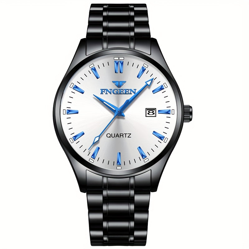 Elegant business watch for men with calendar feature- sleek design, ultra-thin Quartz movement, and stainless steel band.