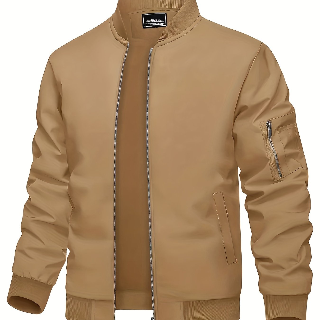 Beige bomber style jacket for men with full zipper, stand collar, ribbed cuffs & hem, and warm stretch fabric - perfect for spring & fall activities.