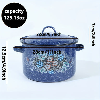 Large capacity Premium Enamel Soup Pot perfect for both home and restaurant kitchens. Compatible with gas and electric stoves, this versatile pot is ideal for all your cooking needs.