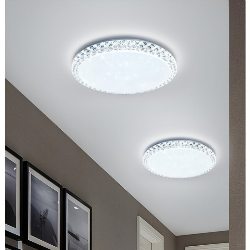 Contemporary 13" LED ceiling light in daylight white 6000K, with polished metal flush mount and acrylic shade. Hard-wired with switch control for kitchen, bedroom, stairwell. No batteries needed.