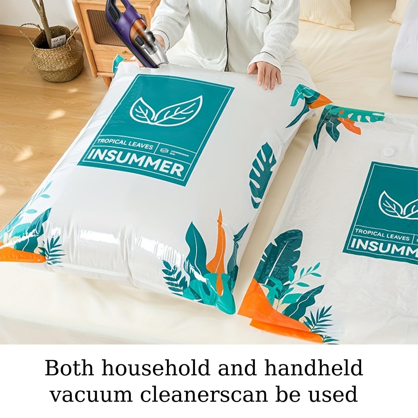 3-Pack of Heart Leaf Vacuum Storage Bags featuring a tropical leaf design. These plastic space saver bags are ideal for storing comforters, blankets, bedding, and clothing without the need for power. Also suitable for organizing accessories.