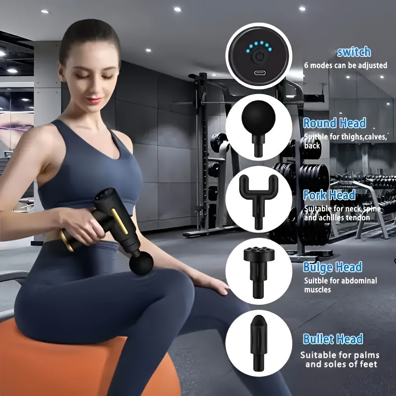 1pc Fascia Massager Gun with 4 replaceable massage heads, 6-speed mode adjustment and quiet brushless motor for muscle relief and sports recovery.