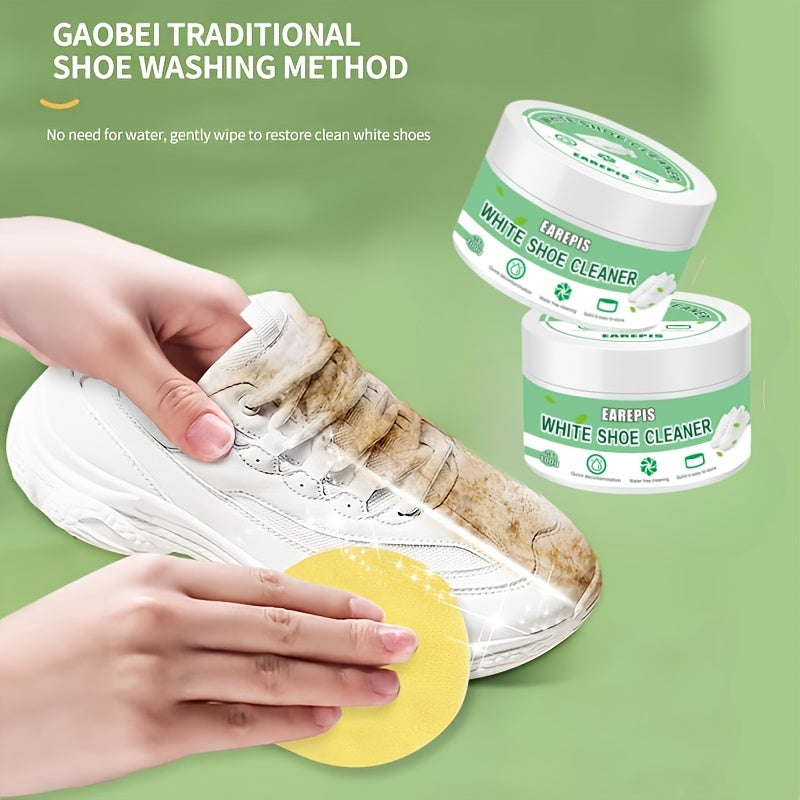 White shoe cleaner paste with plastic brush for all types of shoes. Instantly removes stains and dirt without water.