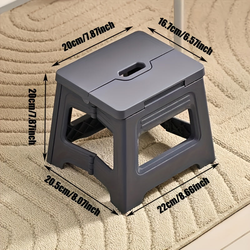 One piece of a square plastic folding stool that is adjustable - perfect for on-the-go use, slip-resistant, easy to store, can be used for various activities such as traveling and fishing, no assembly needed, suitable for individuals aged 14 and above