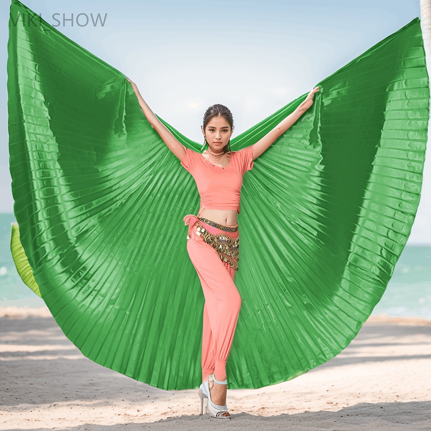 Golden Butterfly Wings Belly Dance Costume with 360° cape, telescopic sticks included. Fits height 61-69.