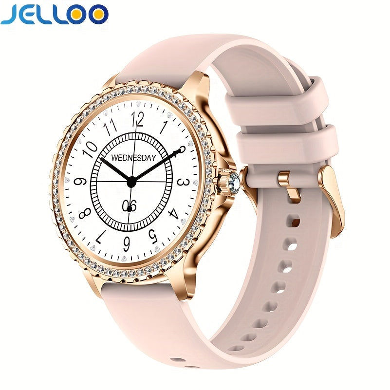 JELLOO Fashion Ladies Smart Watch for Women with 1.32-inch HD Full Touch Screen, Wireless Calls, Silicone Strap, Rechargeable Battery, Water Resistant, TFT Screen.