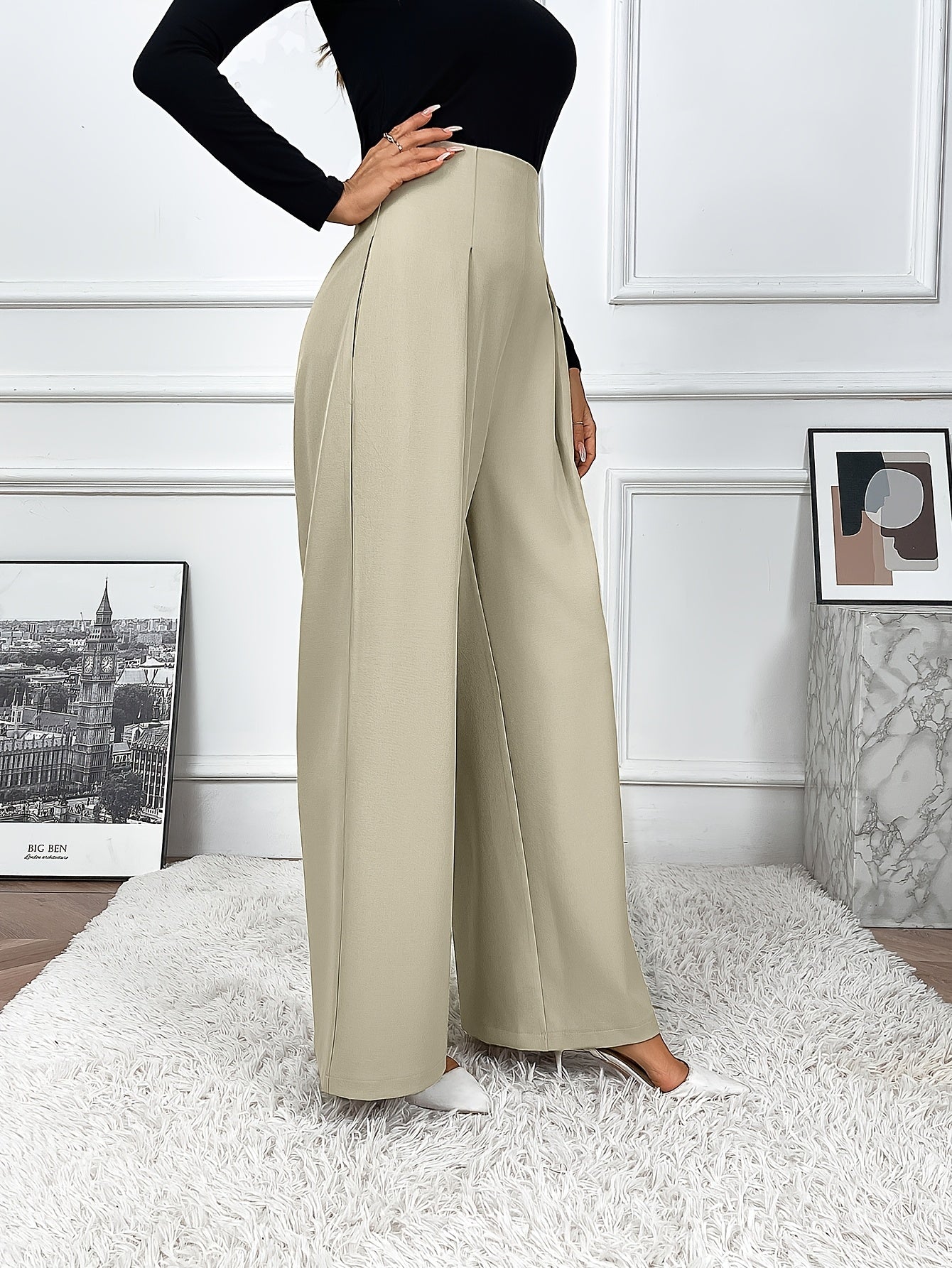 Women's wide leg pants in solid color, made from polyester elastane blend with pocket details for casual wear in spring and summer.