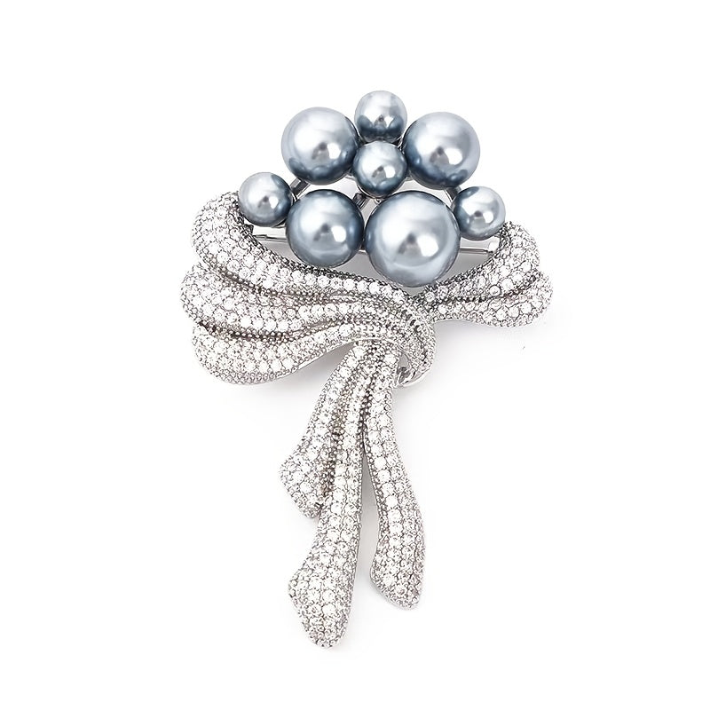 Elegant Rhinestone and Faux Pearl Bouquet Brooch Pin with Sparkling Crystal Flower and Bow Design - Perfect for Women