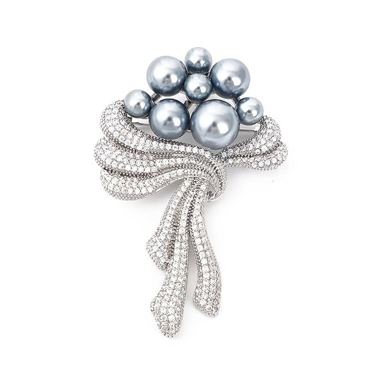 Elegant Rhinestone and Faux Pearl Bouquet Brooch Pin with Sparkling Crystal Flower and Bow Design - Perfect for Women