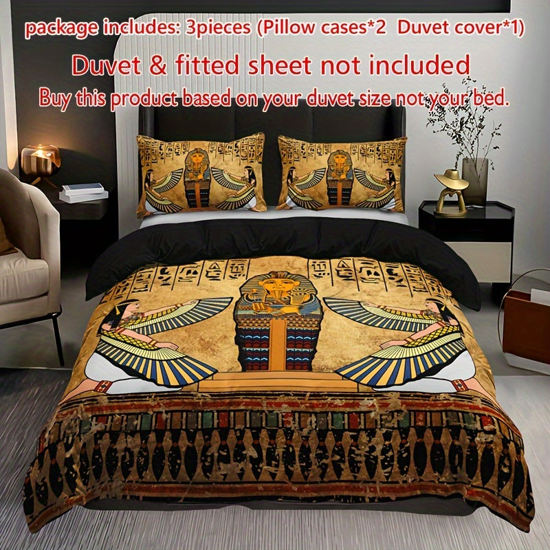 Ancient Egyptian Art Duvet Cover Set featuring 3 pieces – (1 Duvet Cover + 2 Pillowcases without Pillow Inserts). This high-quality bedding set boasts soft and breathable fabric with HD printing, perfect for bringing a touch of history and style to your