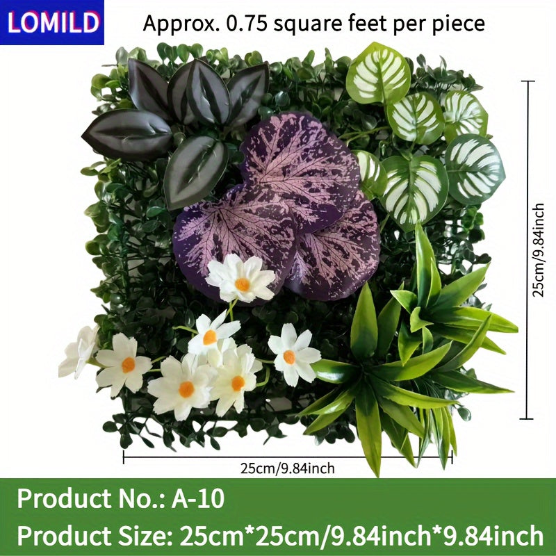 One piece of LOMILD Imitation Milan Mixed Green Plants in various styles with flower and grass skin. Ideal for outdoor wall, wedding, and festival decorations. Also suitable for tying