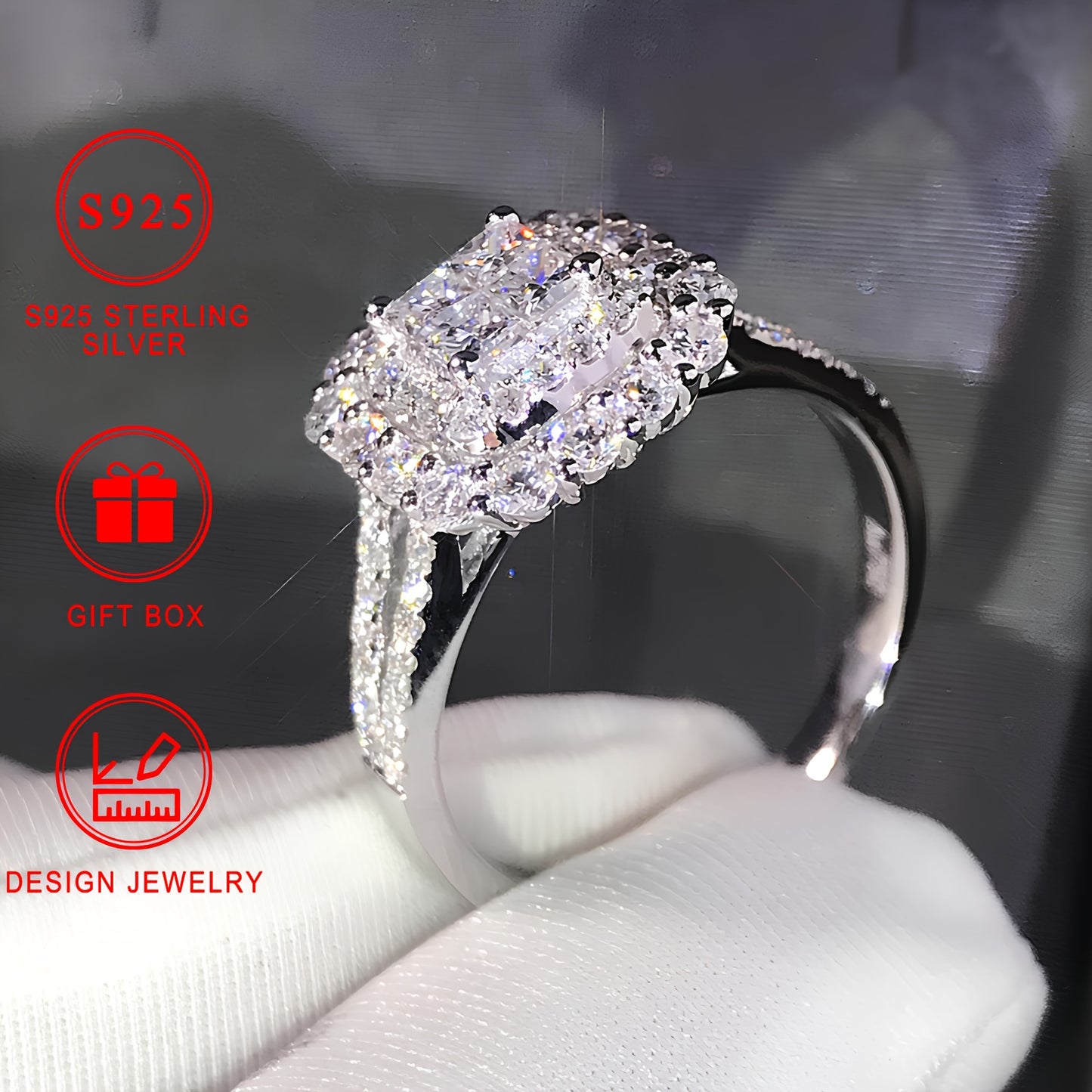 925 Sterling Silver Square Synthetic Zirconia Ring for Women, ideal for engagement, wedding, or everyday wear. High-quality jewelry with a gift box.