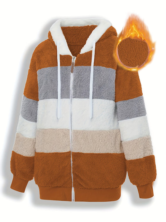 Orange and gray striped women's fuzzy hoodie jacket with pockets, made from soft polyester for a warm and cozy winter style.