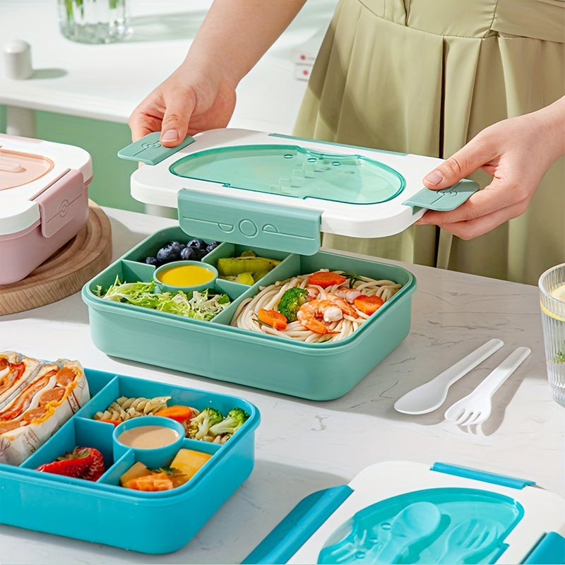 Mint Green Bento Lunch Box with 5 Compartments, Leak-Proof Design, and Dishwasher Safe Plastic Container - Perfect for School, College, Office, and Picnics. Portable and Convenient Option for Meals on-the-Go.