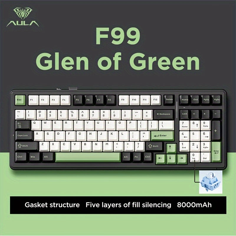 AULA F99 Mechanical Gaming Keyboard with RGB Backlit, 99 Keys, 2.4G Wireless & Wired Hot Swap, Ergonomic PBT, USB Type-C, Rechargeable Battery, Includes Keycap Puller, Ideal Festive Gift