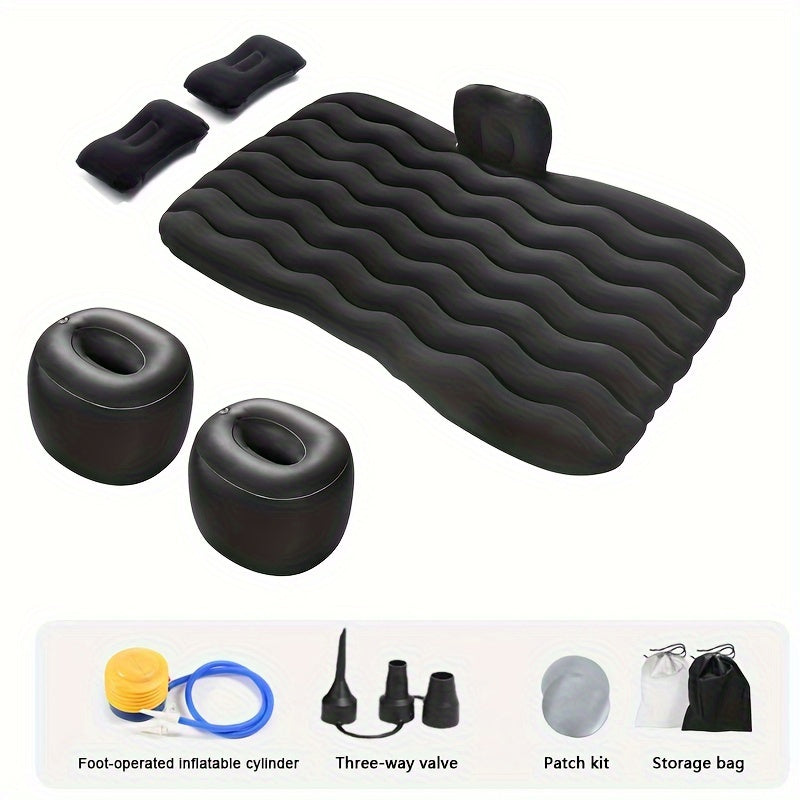 PVC self-inflating air mattress for vehicle rear seat, single person, includes stuff pouch, no repair kit required.